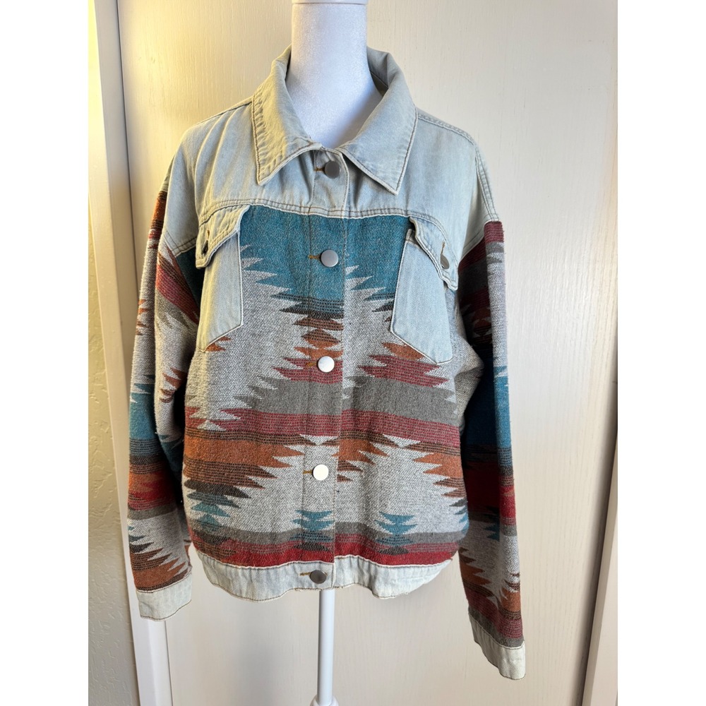 Southwestern Aztec Woven Denim Mixed Media Trucker Jacket Women's XL Yellowstone
